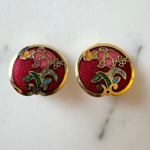 Vintage Red Cloisonne Floral Clip On Earrings Gold Tone Round Flower Bohemian